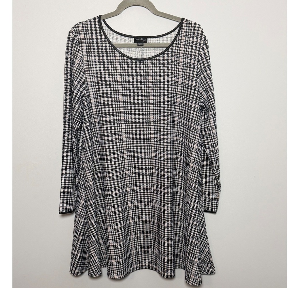 Charlie Paige Plaid Swing Dress L/XL Black White Tan Long Sleeve